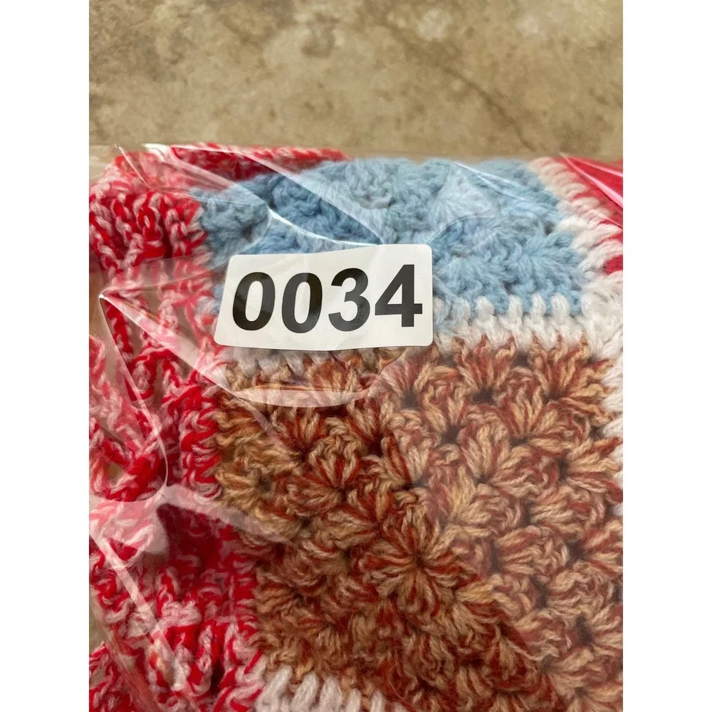 Handmade Crochet Granny Square Baby Blanket Patchwork Red Blue White 25x26